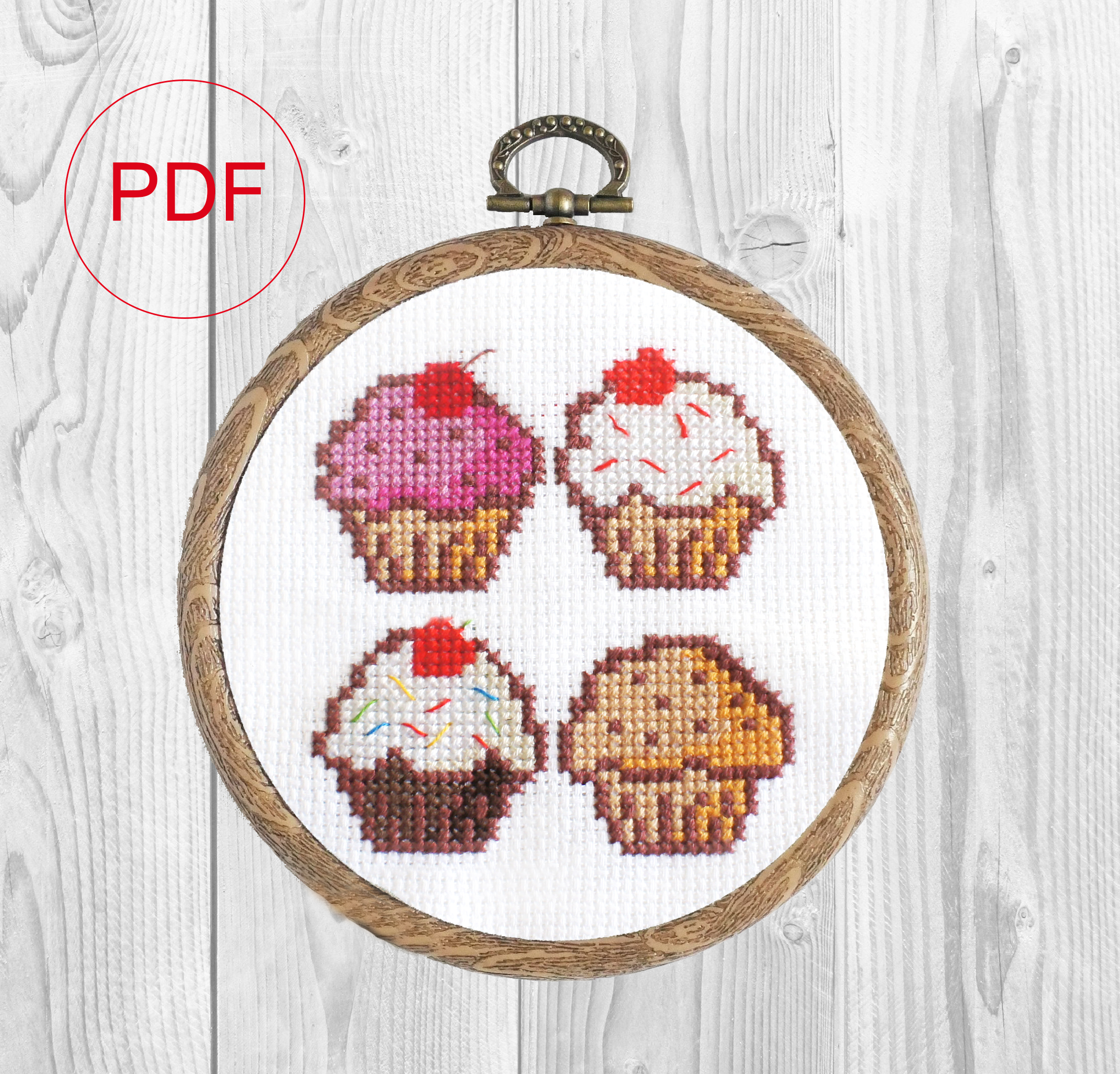 Tiny cross stitch pattern 4 cupcakes. Pattern for beginners